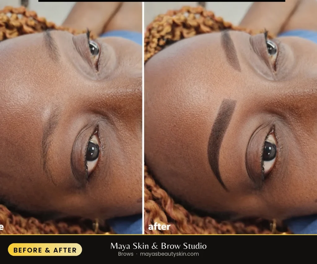 Brows before and after, real client at Maya Skin & Brow Studio, Midtown Manhattan